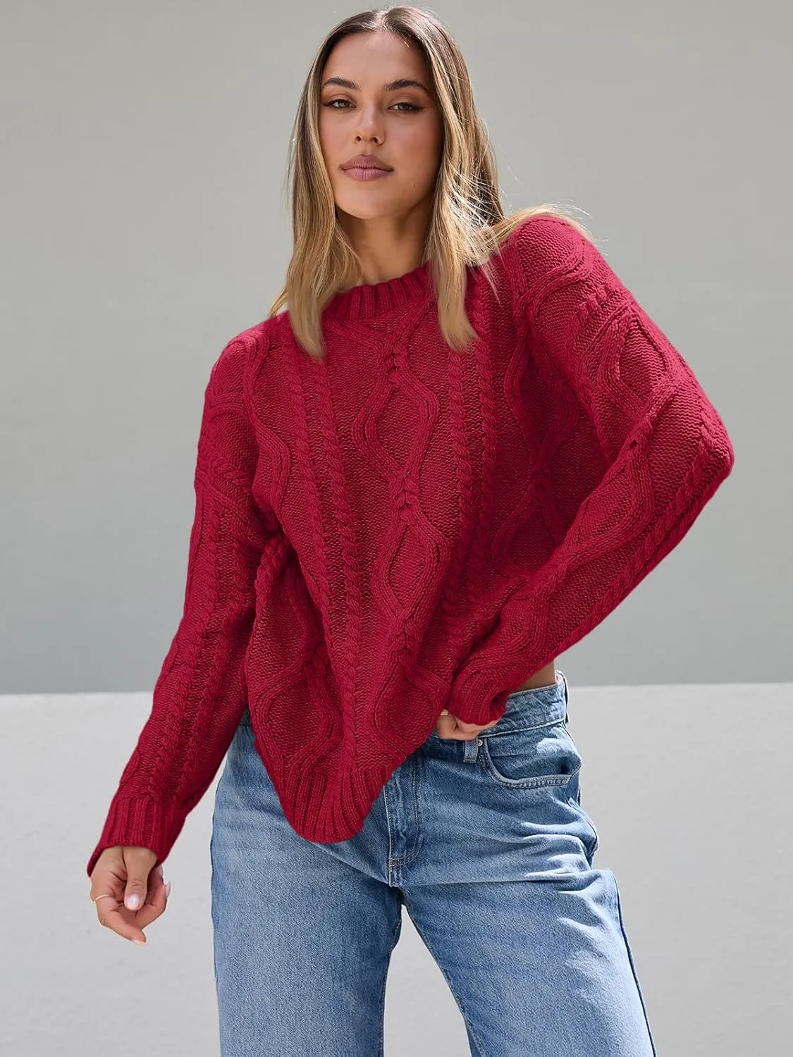 Trendy Queen Women's Oversized Cable Knit Crewneck Sweaters