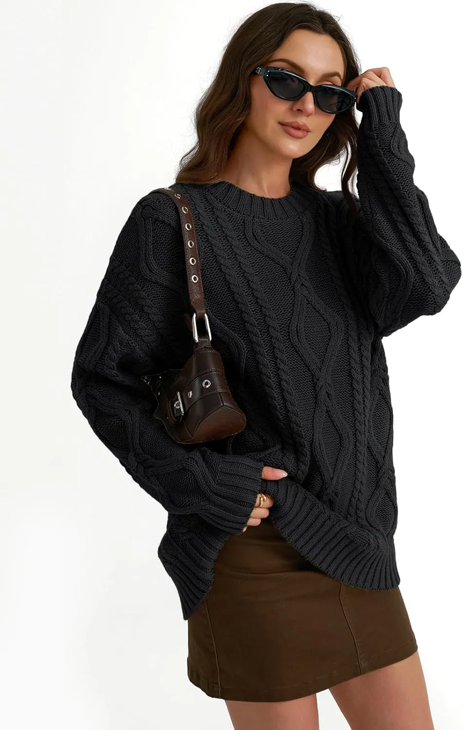 Trendy Queen Women's Oversized Cable Knit Crewneck Sweaters