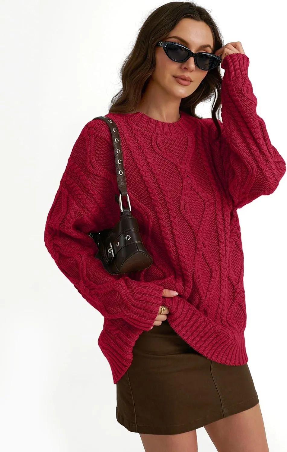 Trendy Queen Women's Oversized Cable Knit Crewneck Sweaters