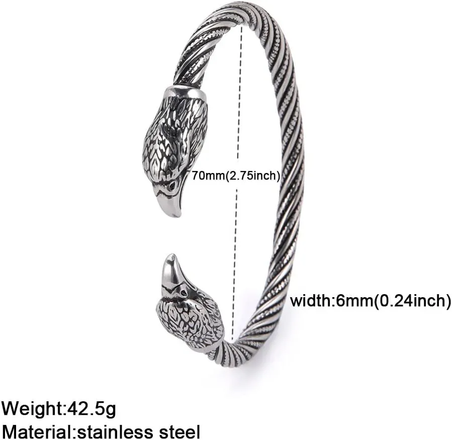 VASSAGO Viking Cuff Bracelet Animal Head Eagle Screw Bangle Stainless Steel Cable Twisted Punk Rock Bracelet Wristband Opening Vintage Jewelry Gift for Men Women