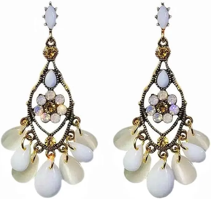Vintage Bohemian Chandelier Dangle Earrings, Gold-Tone with White Crystal Beads, Antique Style Drop Design, 3.5 Inch Length, Lightweight Statement Jewelry for Women