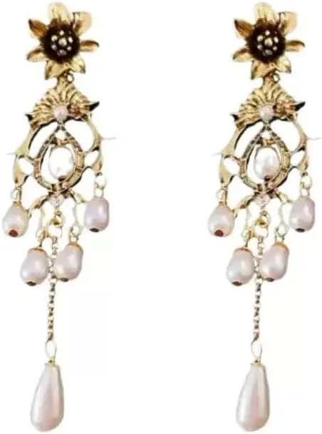 Vintage Gold-Tone Chandelier Earrings, Pearl Drop Tassels, Floral Design, Titanium Steel