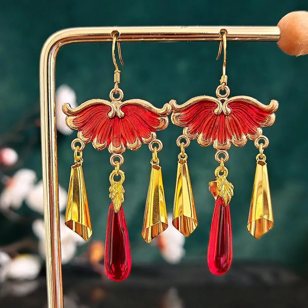 Vintage Style Dangle Earrings, Red Fan Design with Gold Accents, Drop Chandelier