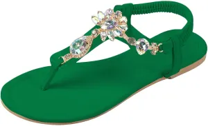 Walking Sandals Women, Flat Sandals Elastic Strappy Thong Ankle Strap Summer Dress Beach Gladiator Sandals with Slingback Rhinestone Bohemian Flat Sandals Dressy Casual Summer Sandals