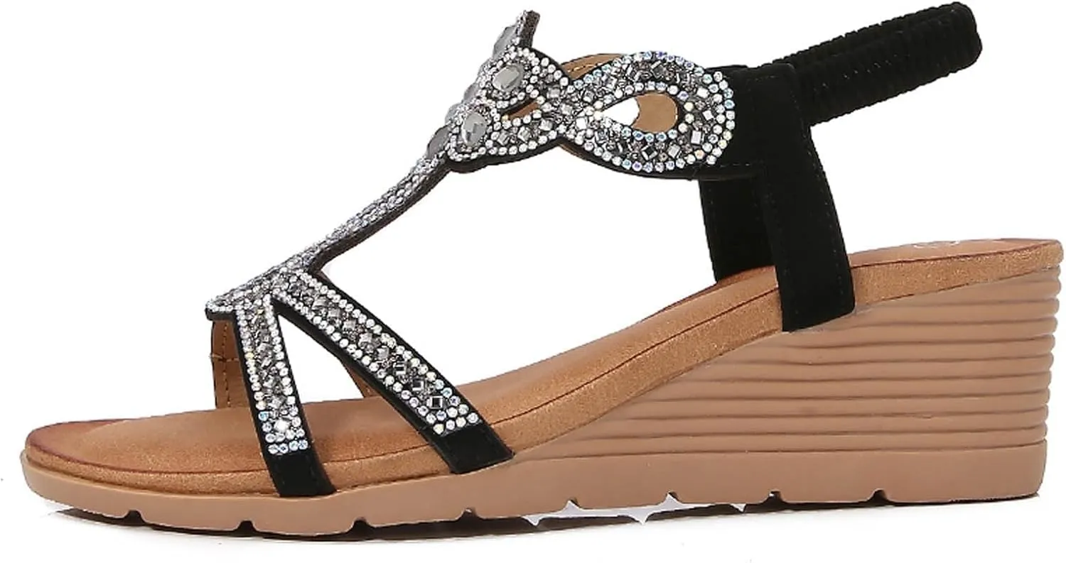 Wedge Sandals for Women Summer Arch Support Platform Sandals, Casual Bohemian Beach Rhinestone Shoes Comfortable Open Toe Ankle Strap Orthopedic Wedges All Day Comfort