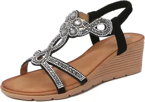 Wedge Sandals for Women Summer Arch Support Platform Sandals, Casual Bohemian Beach Rhinestone Shoes Comfortable Open Toe Ankle Strap Orthopedic Wedges All Day Comfort