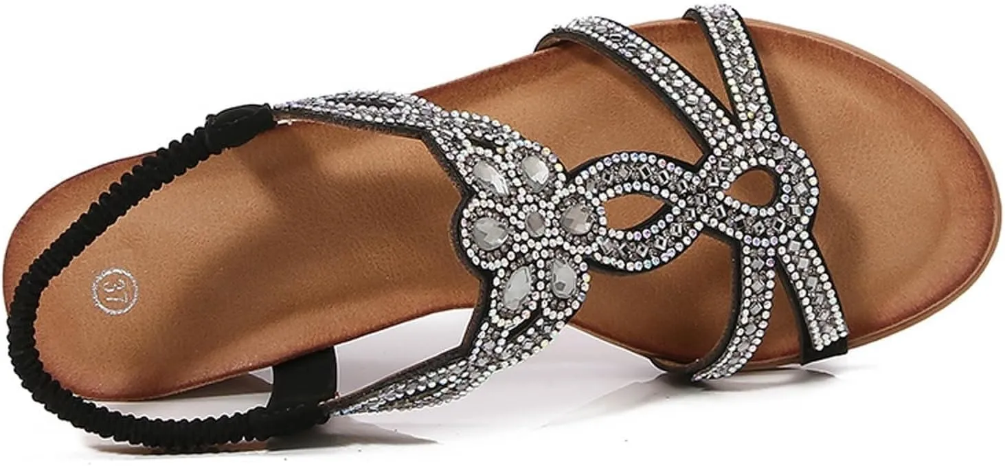 Wedge Sandals for Women Summer Arch Support Platform Sandals, Casual Bohemian Beach Rhinestone Shoes Comfortable Open Toe Ankle Strap Orthopedic Wedges All Day Comfort