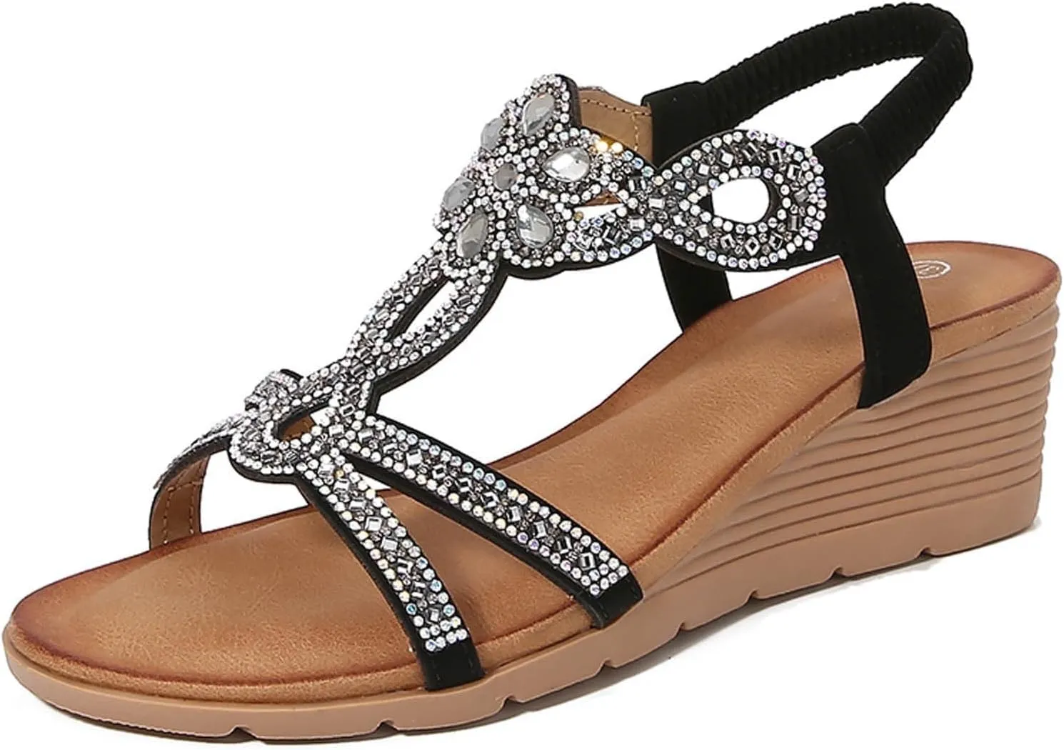 Wedge Sandals for Women Summer Arch Support Platform Sandals, Casual Bohemian Beach Rhinestone Shoes Comfortable Open Toe Ankle Strap Orthopedic Wedges All Day Comfort