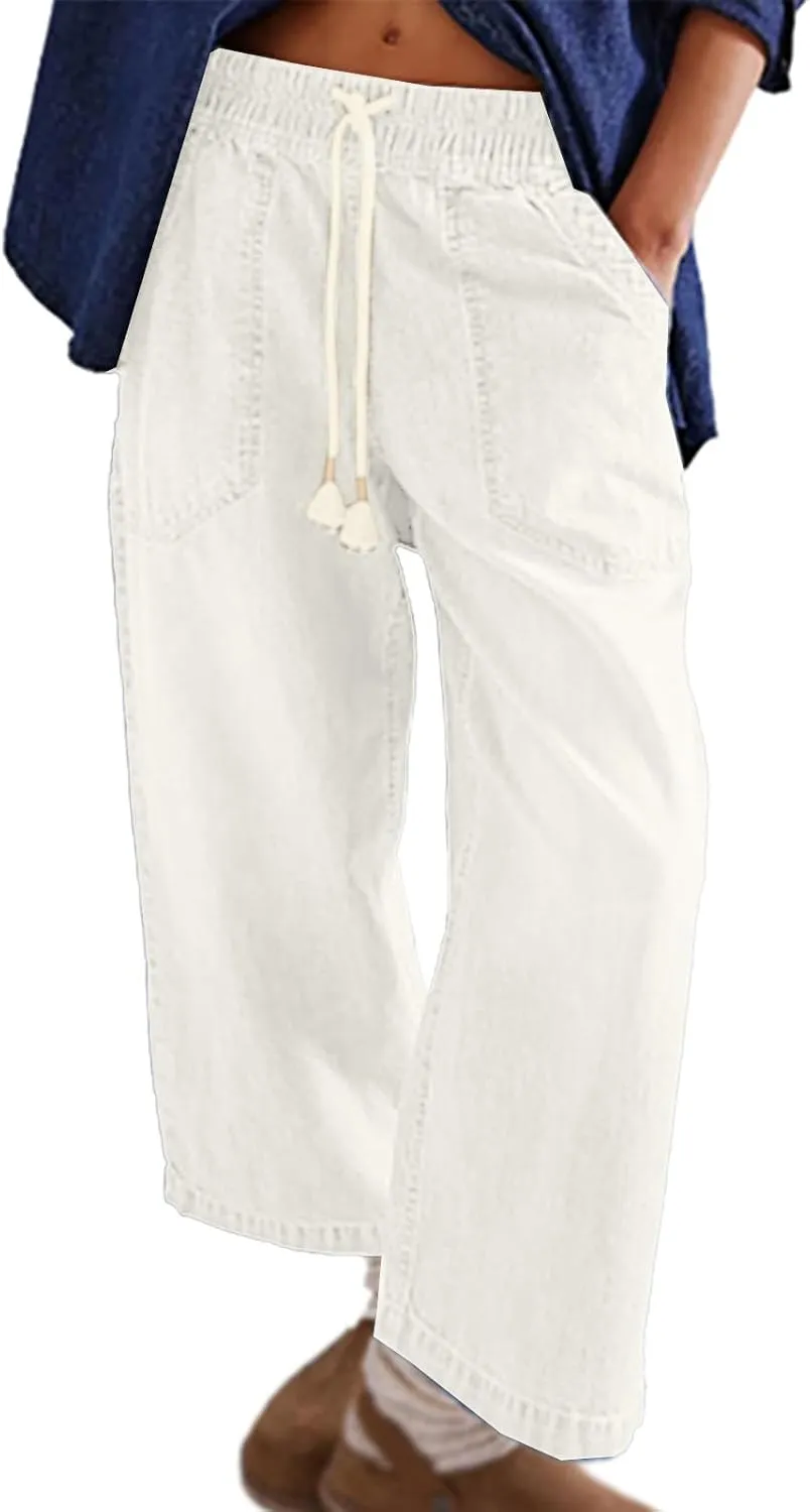 Wide Leg Jeans for Women Elastic Drawstring High Waisted Cropped Pull On Jeans Baggy Stretch Denim Trouser Pants