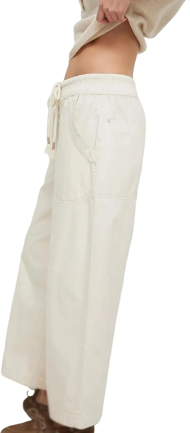 Wide Leg Jeans for Women Elastic Drawstring High Waisted Cropped Pull On Jeans Baggy Stretch Denim Trouser Pants