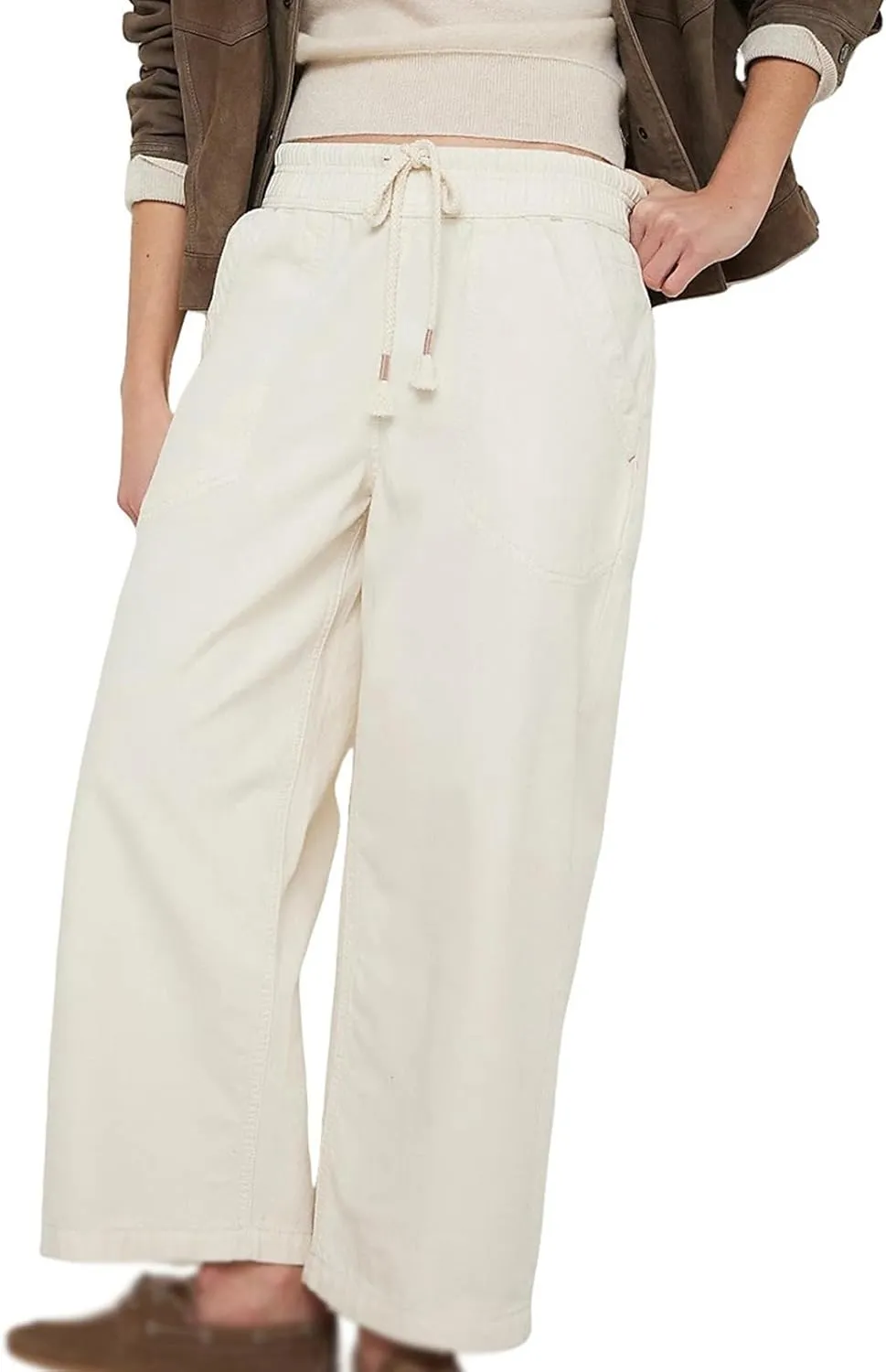 Wide Leg Jeans for Women Elastic Drawstring High Waisted Cropped Pull On Jeans Baggy Stretch Denim Trouser Pants