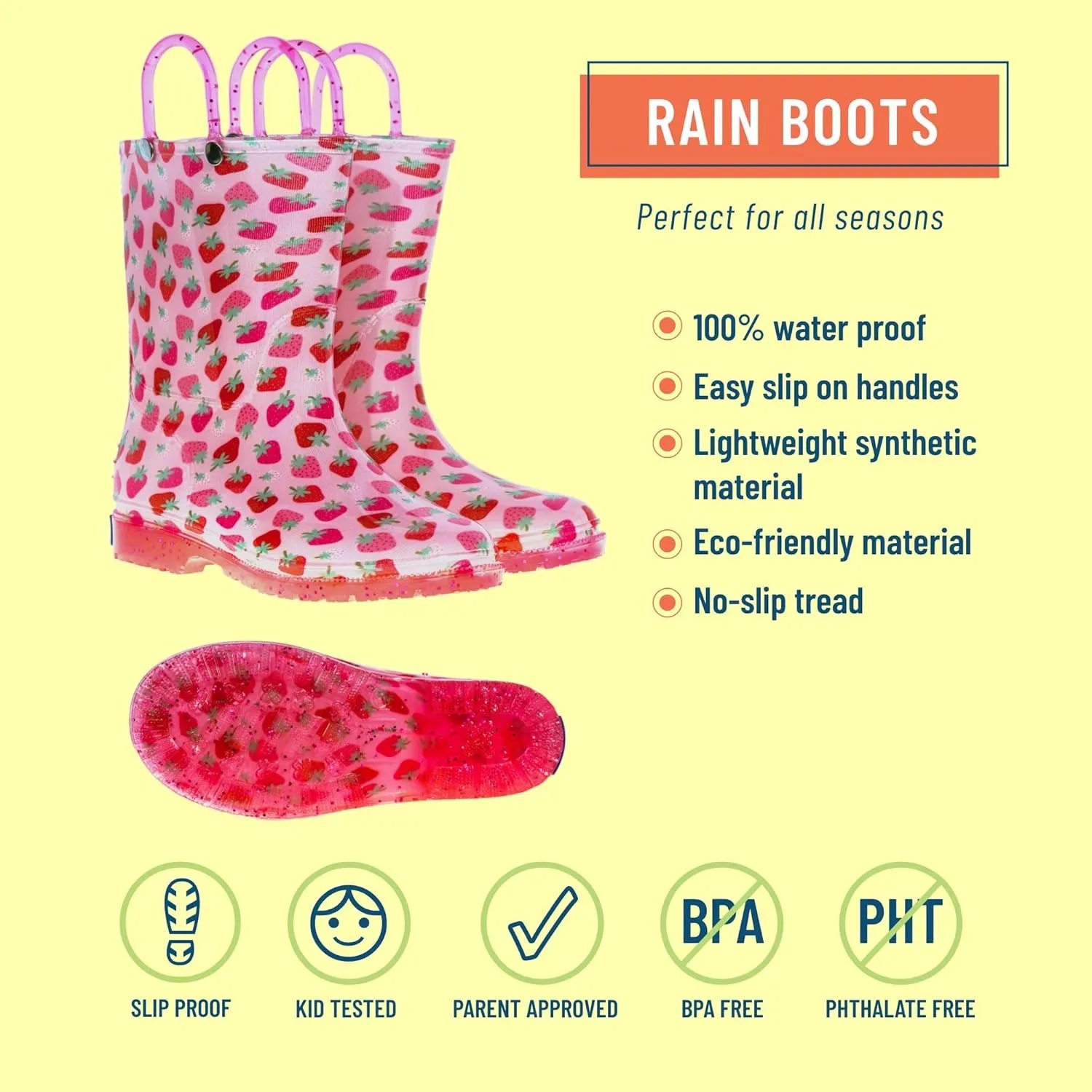Wildkin Kids Rain Boots  100% Waterproof with Slip-Resistant Tread & Easy Pull Handles