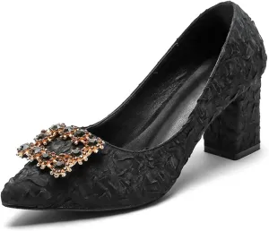 WOilERQ Women's Waterproof Platform Sandals Closed Toe Chunky Block High Heel Pointed Tip Shallow Mouth Square Buckle High Heel Classic Dress Office Shoes,Black,32
