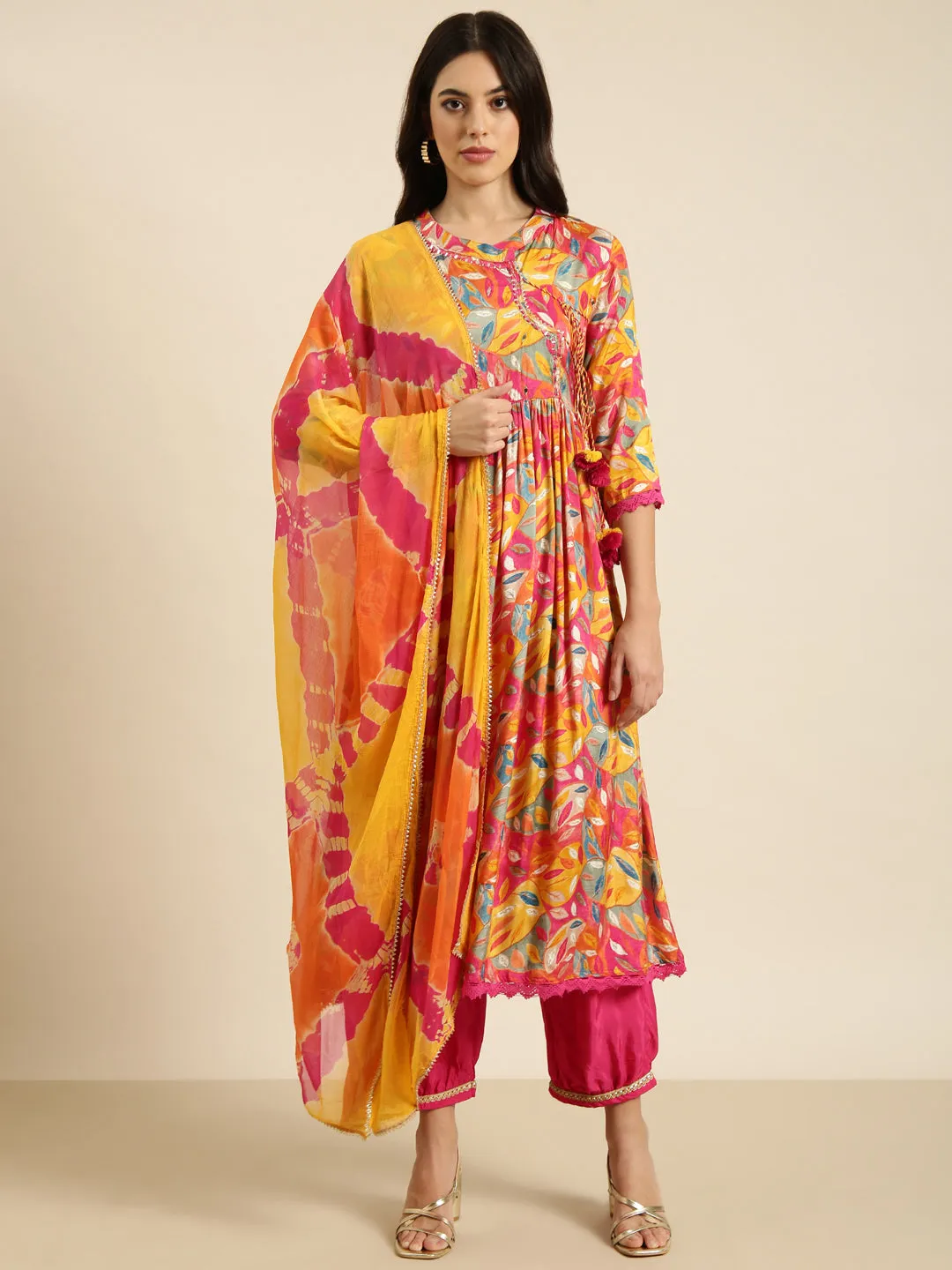 Women Anarkali Pink Ethnic Floral Kurta Sets with Trousers & Dupatta