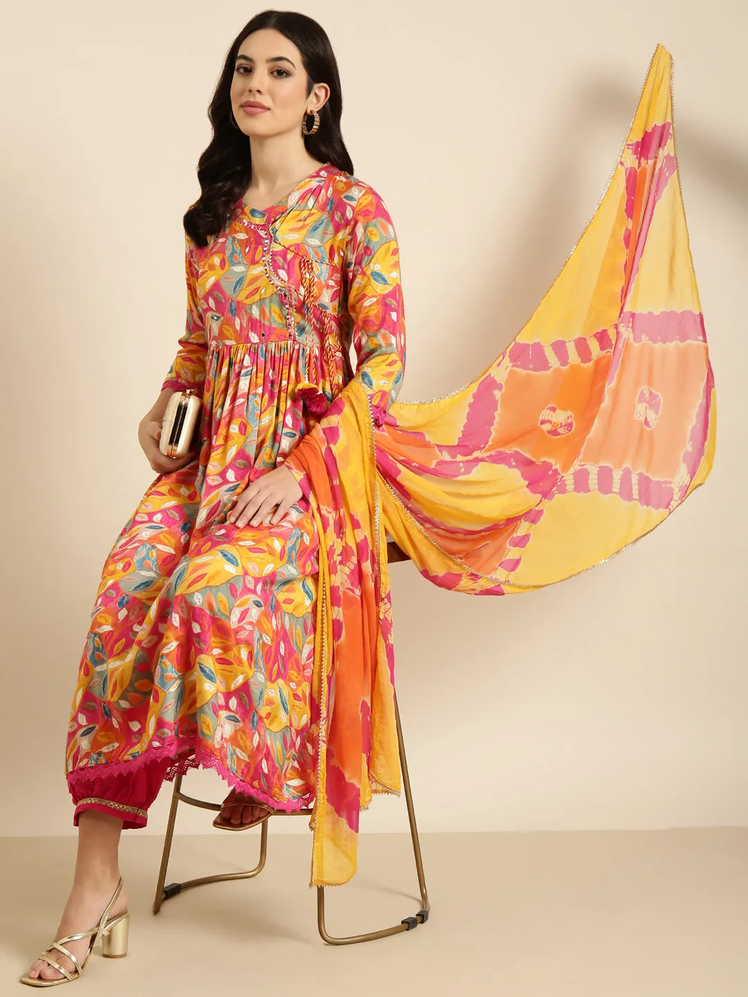 Women Anarkali Pink Ethnic Floral Kurta Sets with Trousers & Dupatta