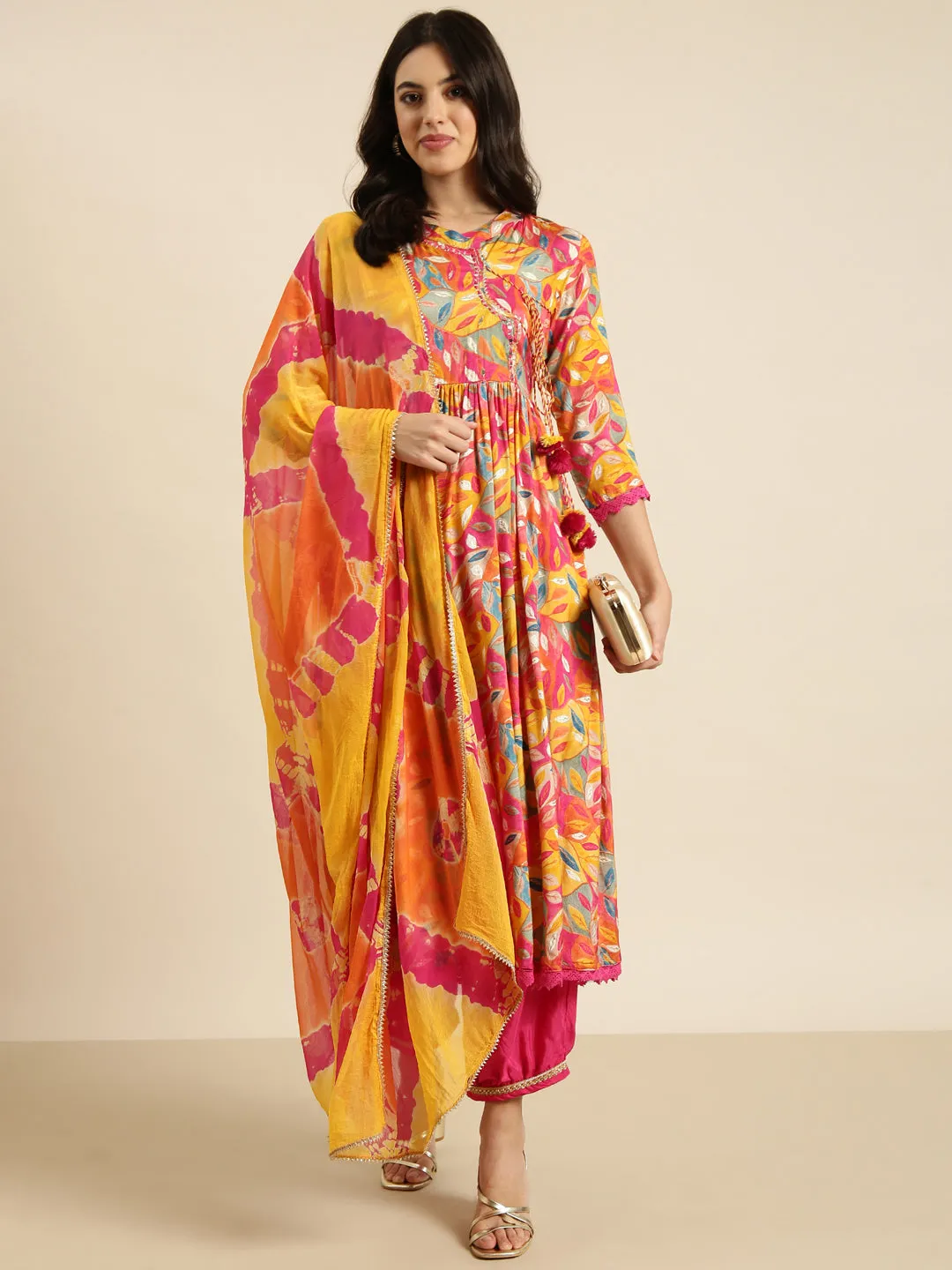 Women Anarkali Pink Ethnic Floral Kurta Sets with Trousers & Dupatta