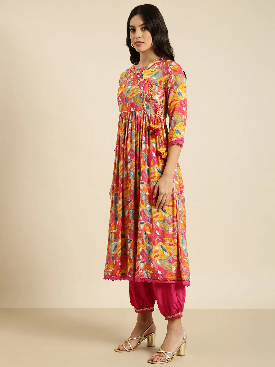 Women Anarkali Pink Ethnic Floral Kurta Sets with Trousers & Dupatta