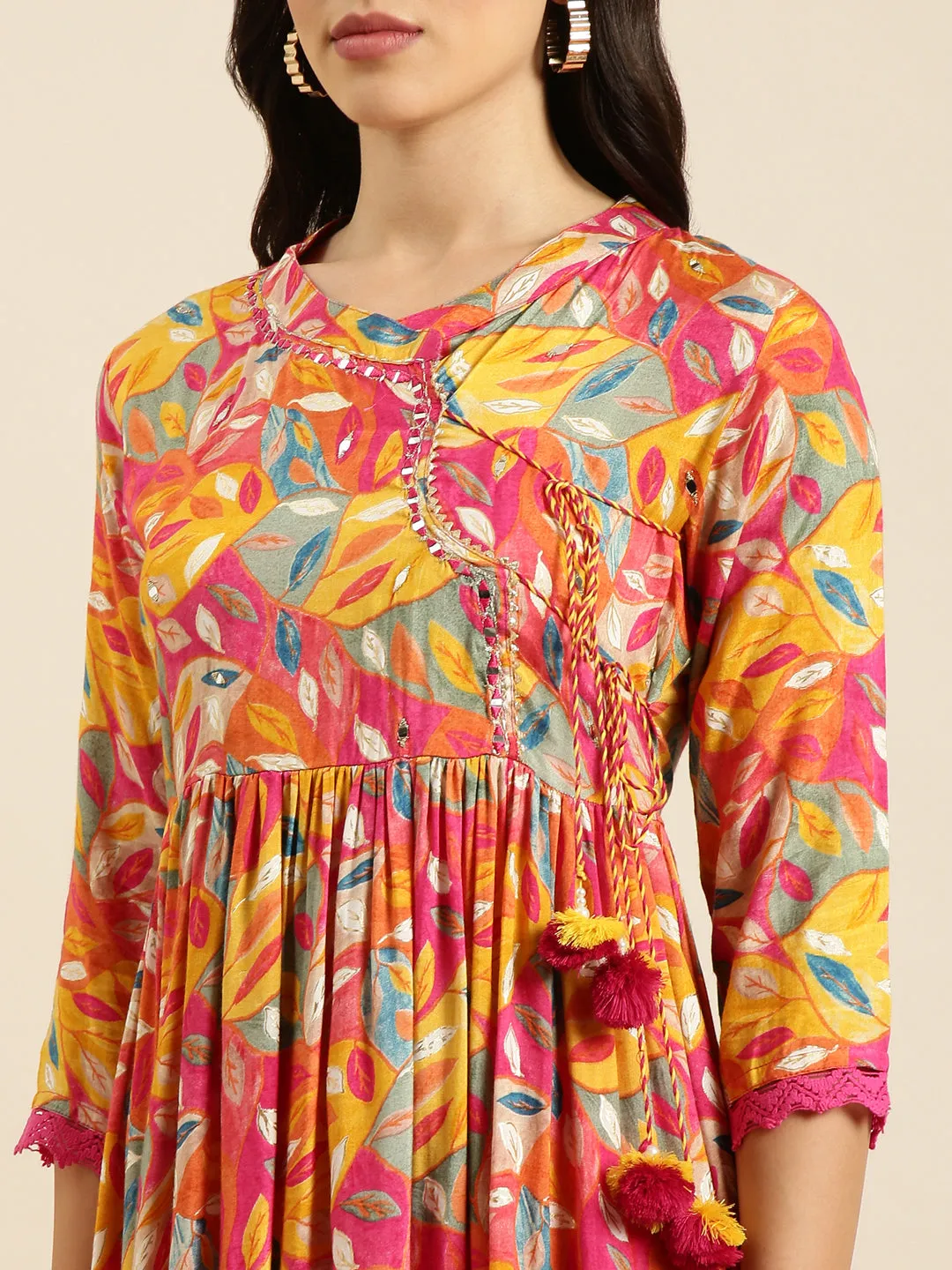Women Anarkali Pink Ethnic Floral Kurta Sets with Trousers & Dupatta