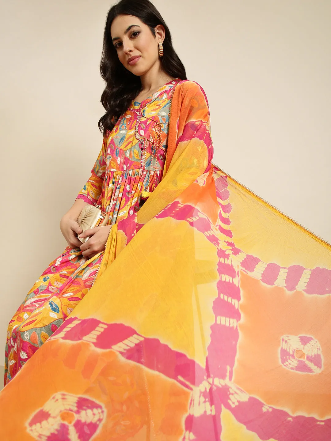 Women Anarkali Pink Ethnic Floral Kurta Sets with Trousers & Dupatta