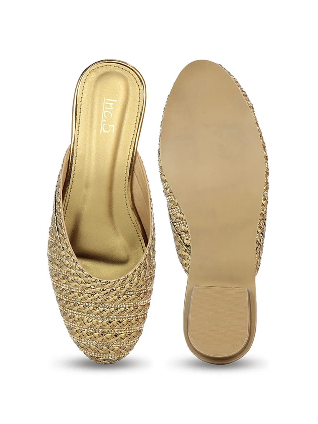 Women Ant Gold Embellished Ethnic Mules Flats