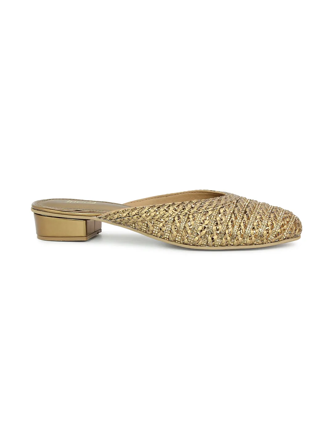 Women Ant Gold Embellished Ethnic Mules Flats