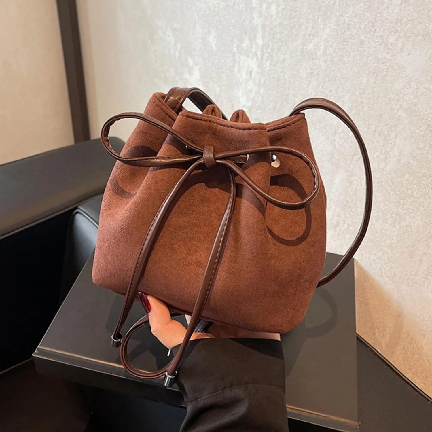 Women Bag Sweet Bows Crossbody Bag Drawstring Shoulder Bag Aesthetic Bucket Bag PU Leather Messengers Bag for Everyday Crossbody Bags
