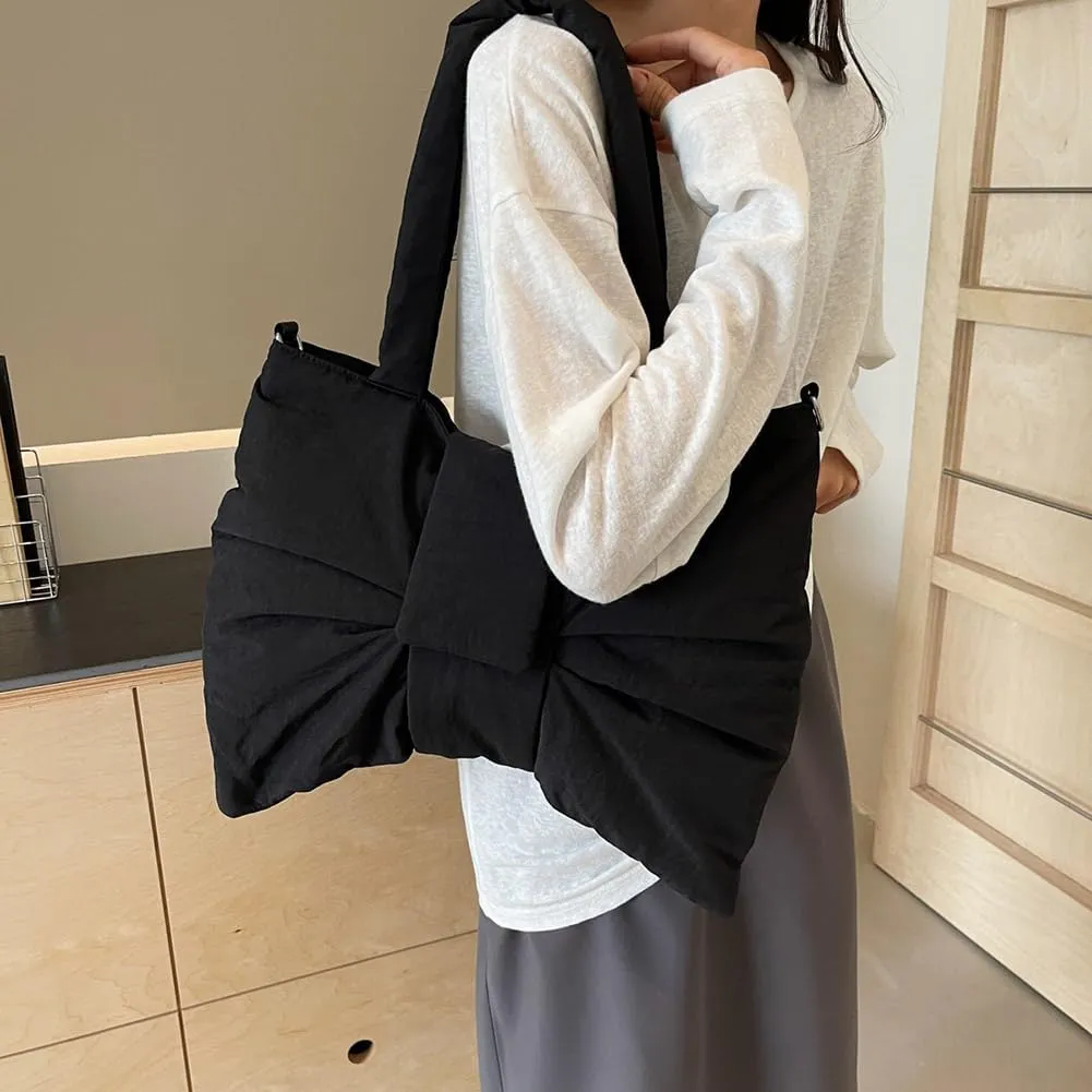 Women Bowknot Shaped Shoulder Bag Adjustable Strap Nylon Puffer Bag Solid Color Handbag Large Capacity Satchel Purse