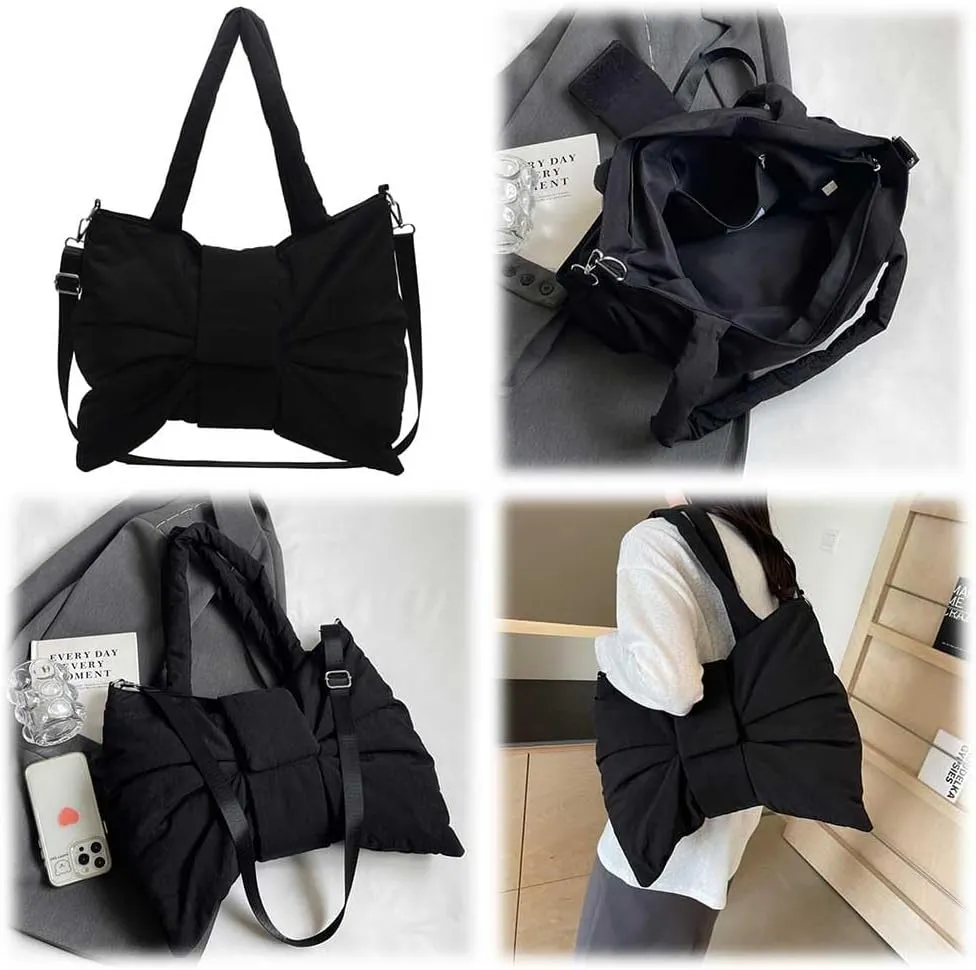 Women Bowknot Shaped Shoulder Bag Adjustable Strap Nylon Puffer Bag Solid Color Handbag Large Capacity Satchel Purse