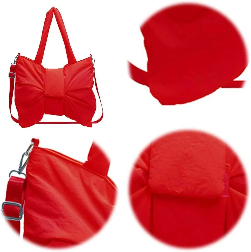 Women Bowknot Shaped Shoulder Bag Adjustable Strap Nylon Puffer Bag Solid Color Handbag Large Capacity Satchel Purse