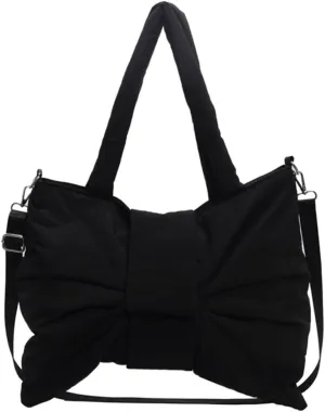 Women Bowknot Shaped Shoulder Bag Adjustable Strap Nylon Puffer Bag Solid Color Handbag Large Capacity Satchel Purse