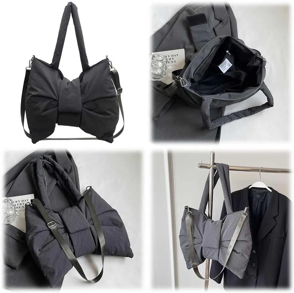 Women Bowknot Shaped Shoulder Bag Adjustable Strap Nylon Puffer Bag Solid Color Handbag Large Capacity Satchel Purse
