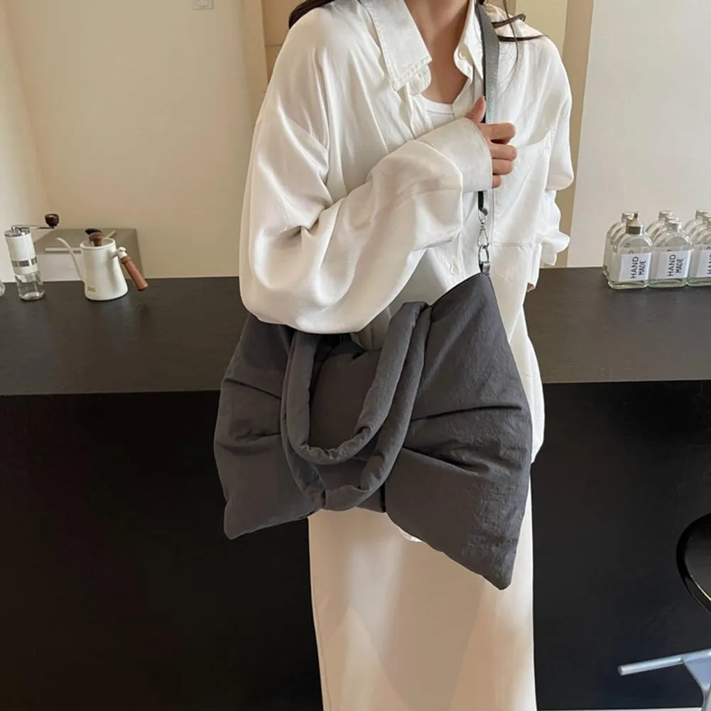 Women Bowknot Shaped Shoulder Bag Adjustable Strap Nylon Puffer Bag Solid Color Handbag Large Capacity Satchel Purse