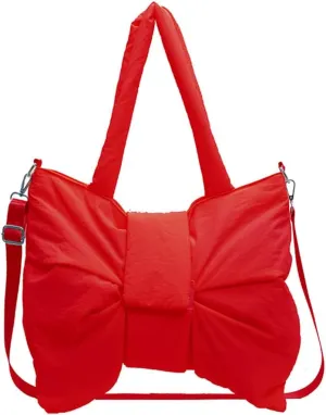 Women Bowknot Shaped Shoulder Bag Adjustable Strap Nylon Puffer Bag Solid Color Handbag Large Capacity Satchel Purse
