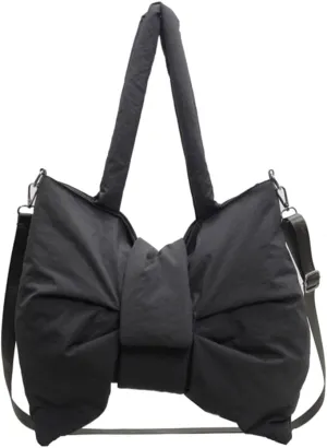 Women Bowknot Shaped Shoulder Bag Adjustable Strap Nylon Puffer Bag Solid Color Handbag Large Capacity Satchel Purse