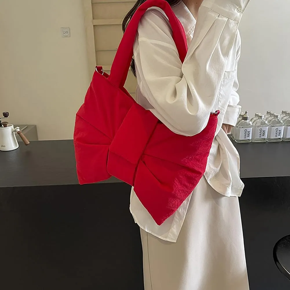 Women Bowknot Shaped Shoulder Bag Adjustable Strap Nylon Puffer Bag Solid Color Handbag Large Capacity Satchel Purse
