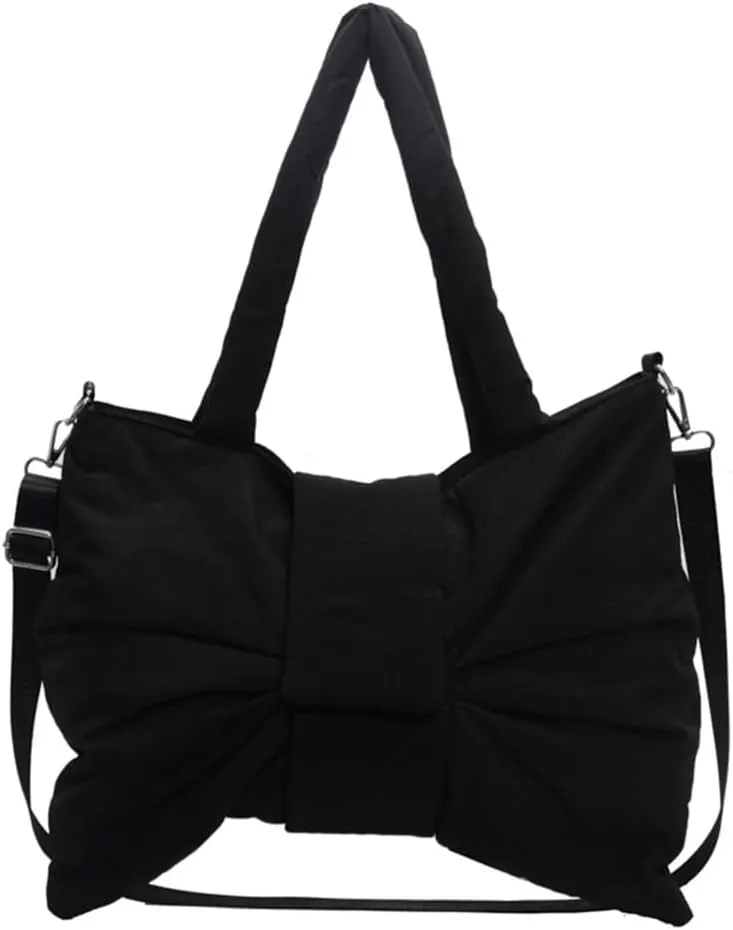 Women Bowknot Shaped Shoulder Bag Adjustable Strap Nylon Puffer Bag Solid Color Handbag Large Capacity Satchel Purse