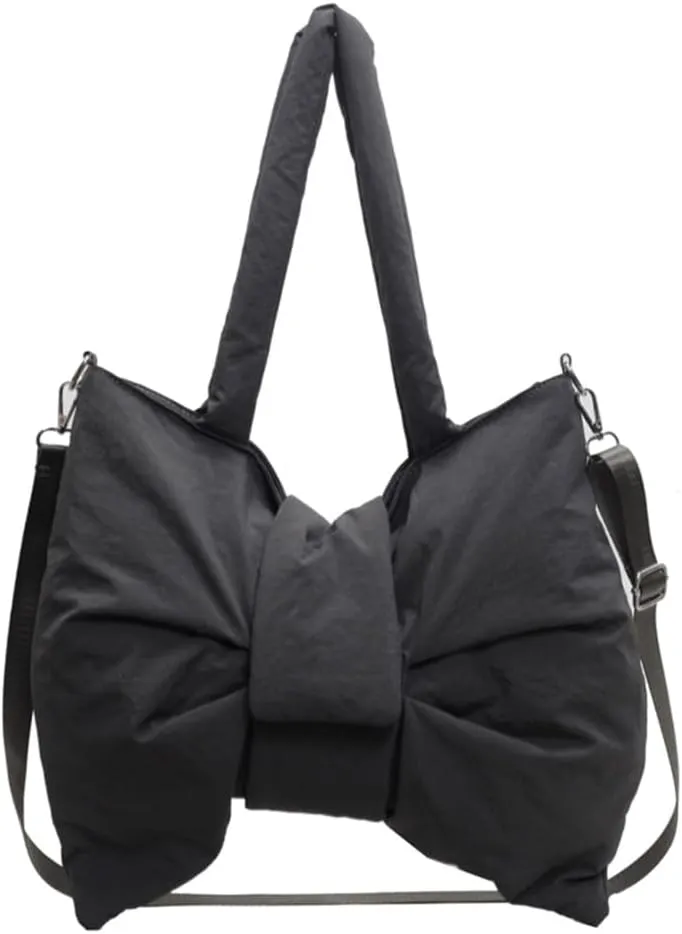 Women Bowknot Shaped Shoulder Bag Adjustable Strap Nylon Puffer Bag Solid Color Handbag Large Capacity Satchel Purse