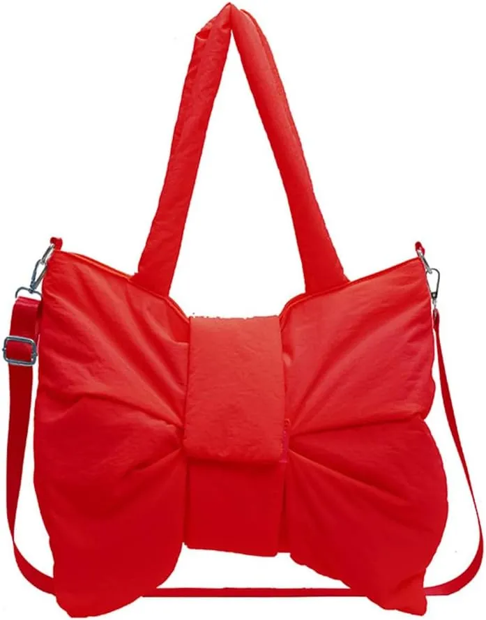 Women Bowknot Shaped Shoulder Bag Adjustable Strap Nylon Puffer Bag Solid Color Handbag Large Capacity Satchel Purse
