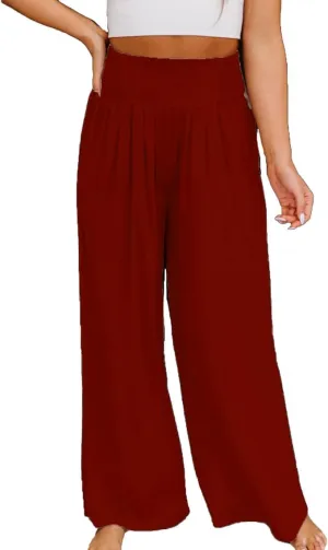 Women Casual High Waisted Cotton Linen Pants Loose Elastic Waist Beach Palazzo Pants Vacation Trouser with Pocket