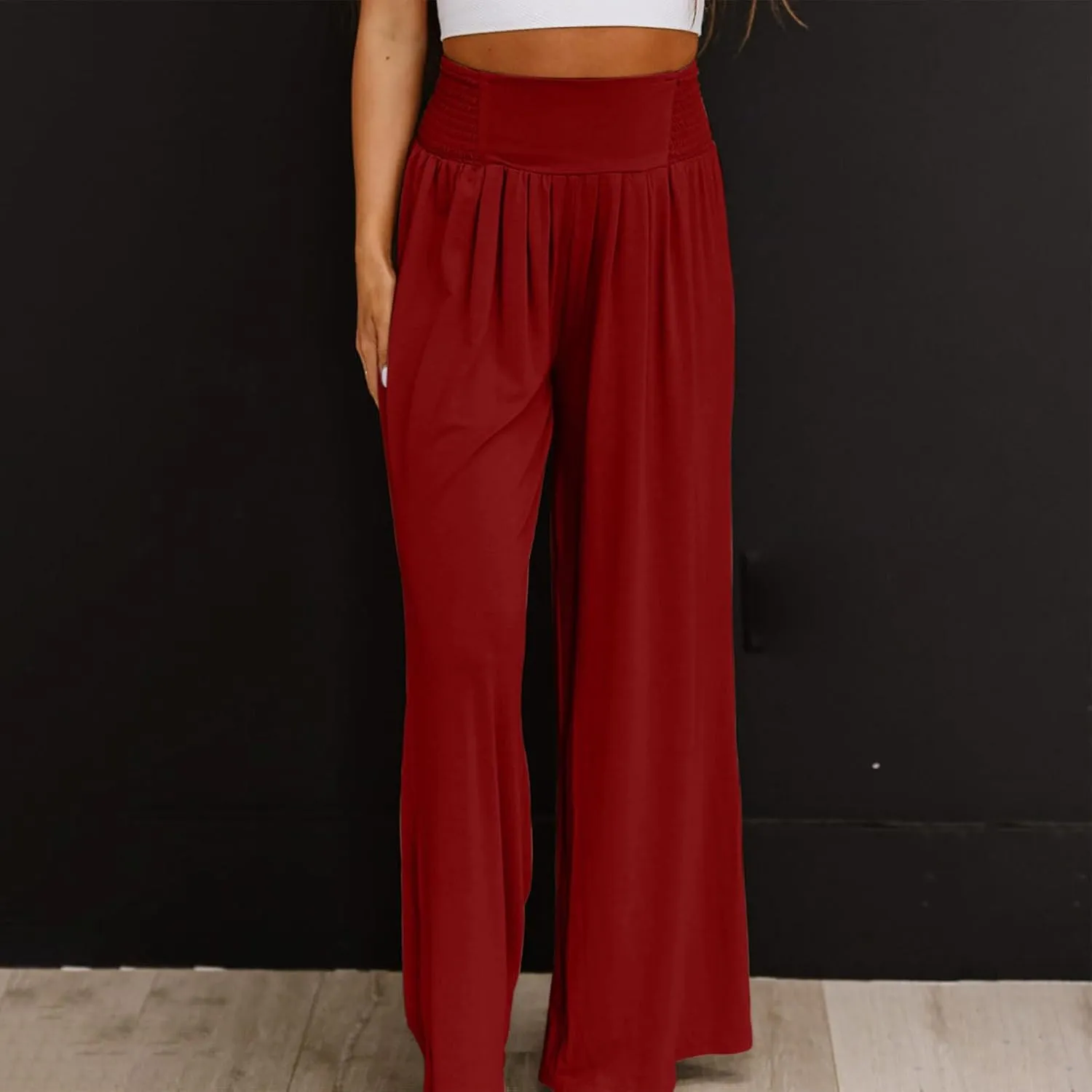 Women Casual High Waisted Cotton Linen Pants Loose Elastic Waist Beach Palazzo Pants Vacation Trouser with Pocket