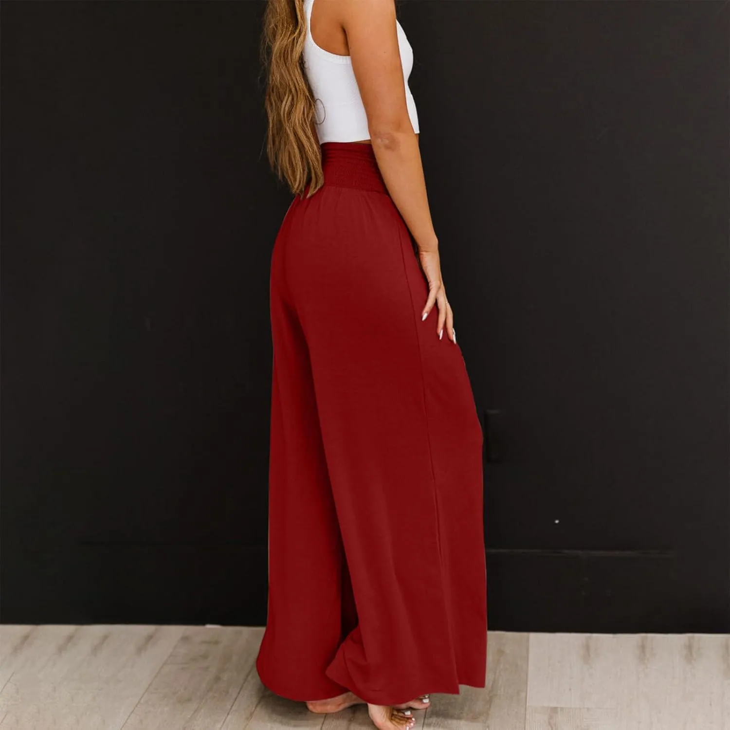 Women Casual High Waisted Cotton Linen Pants Loose Elastic Waist Beach Palazzo Pants Vacation Trouser with Pocket