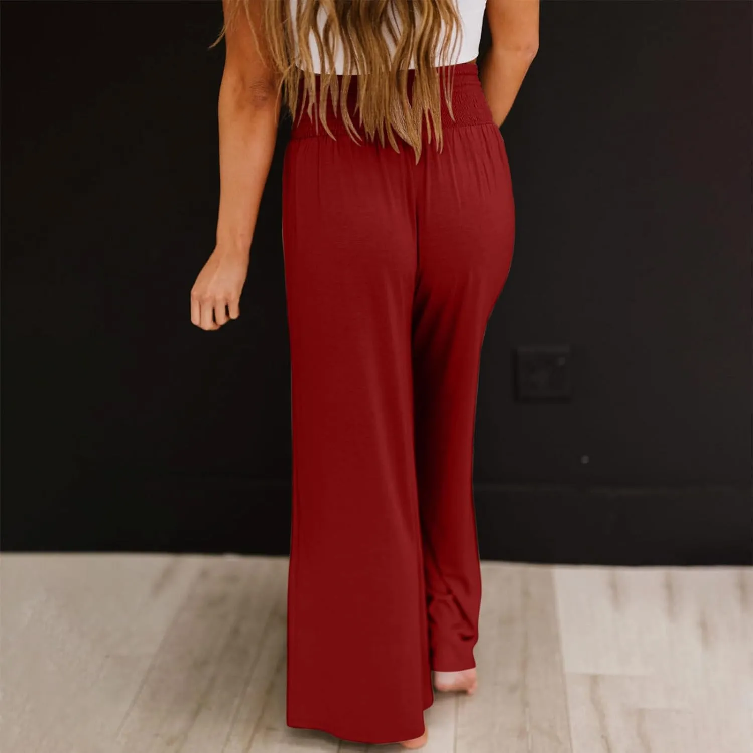 Women Casual High Waisted Cotton Linen Pants Loose Elastic Waist Beach Palazzo Pants Vacation Trouser with Pocket