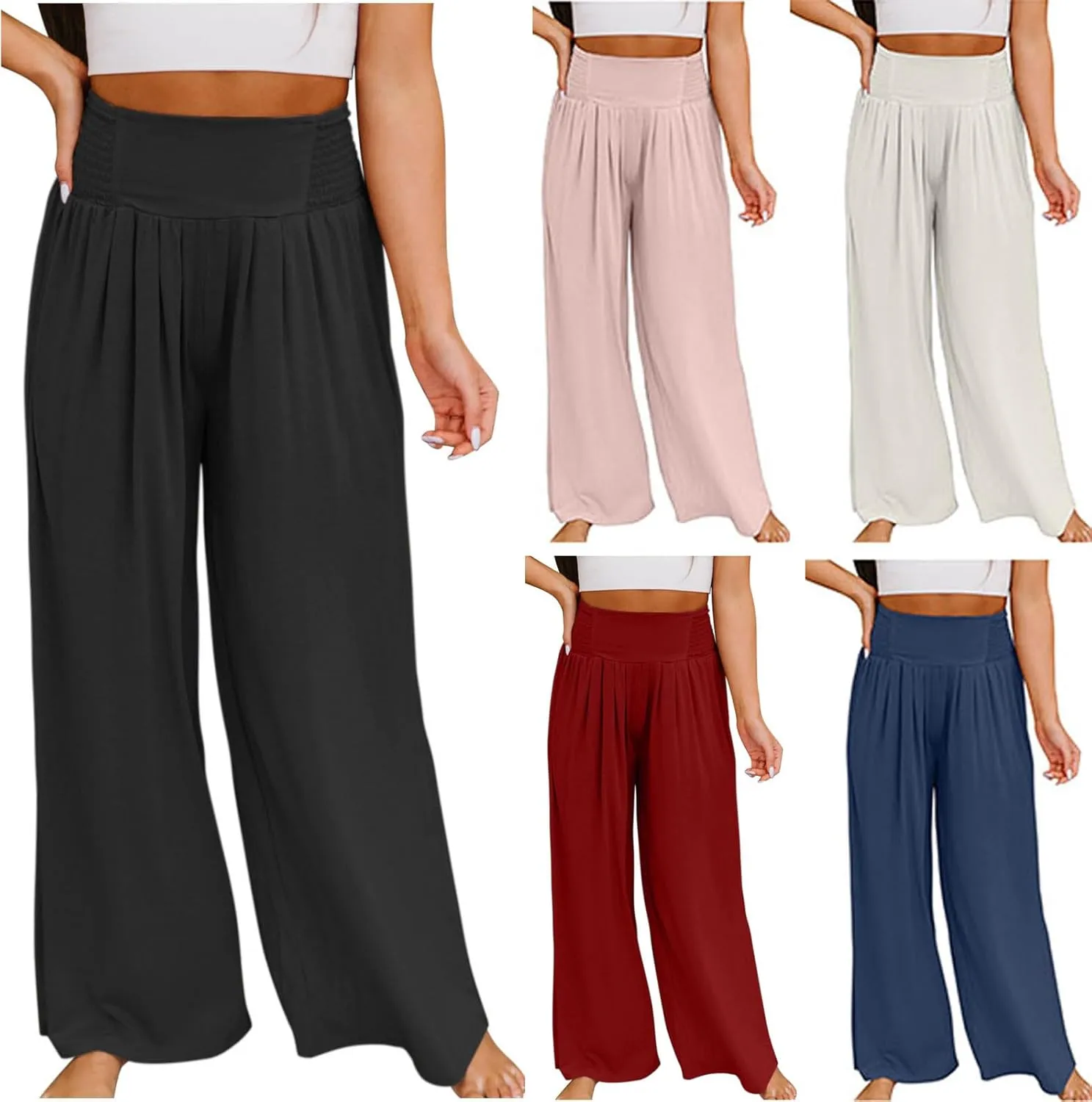 Women Casual High Waisted Cotton Linen Pants Loose Elastic Waist Beach Palazzo Pants Vacation Trouser with Pocket