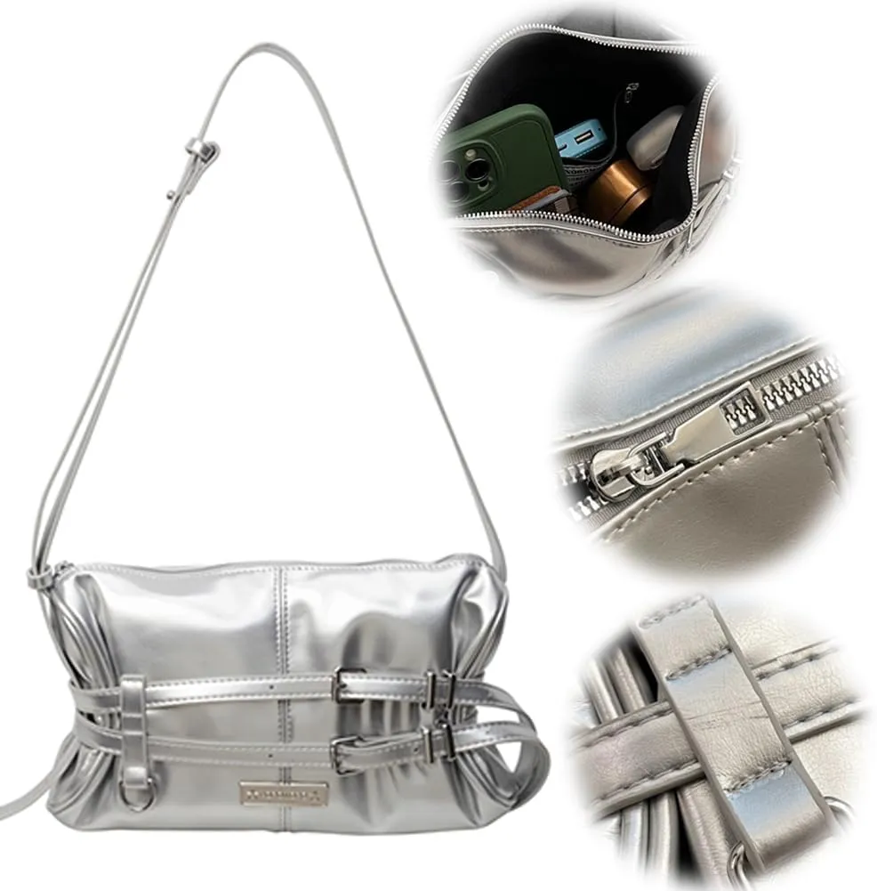 Women Crossbody Bag Double Belted Strap PU Leather Satchel Purse Solid Color Hobo Bag Zipper Clutch Purse Travel