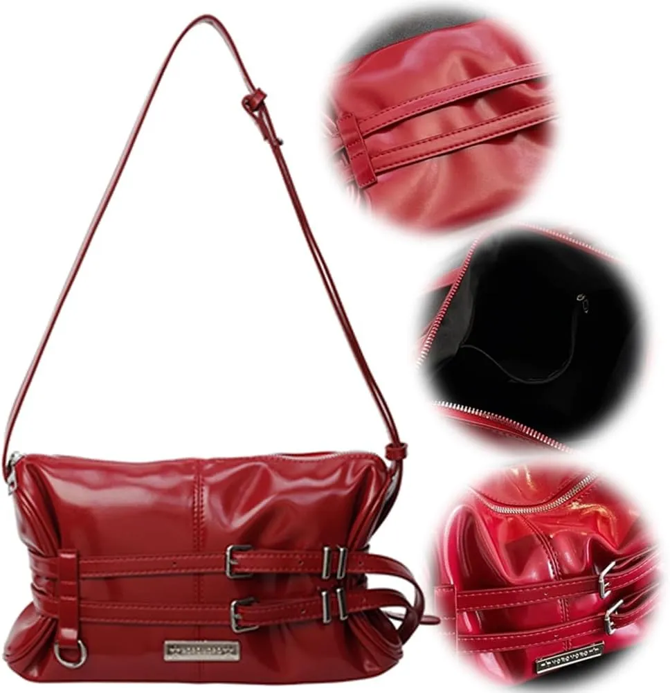 Women Crossbody Bag Double Belted Strap PU Leather Satchel Purse Solid Color Hobo Bag Zipper Clutch Purse Travel