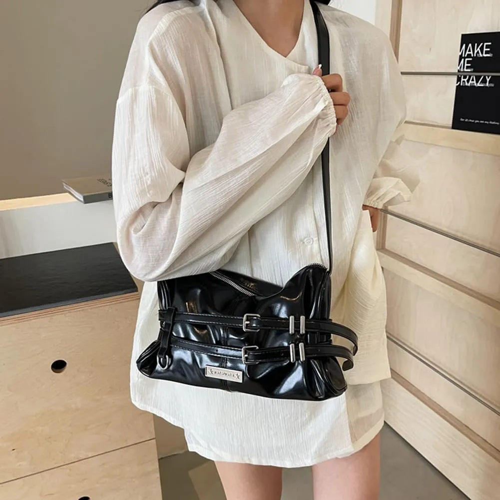 Women Crossbody Bag Double Belted Strap PU Leather Satchel Purse Solid Color Hobo Bag Zipper Clutch Purse Travel