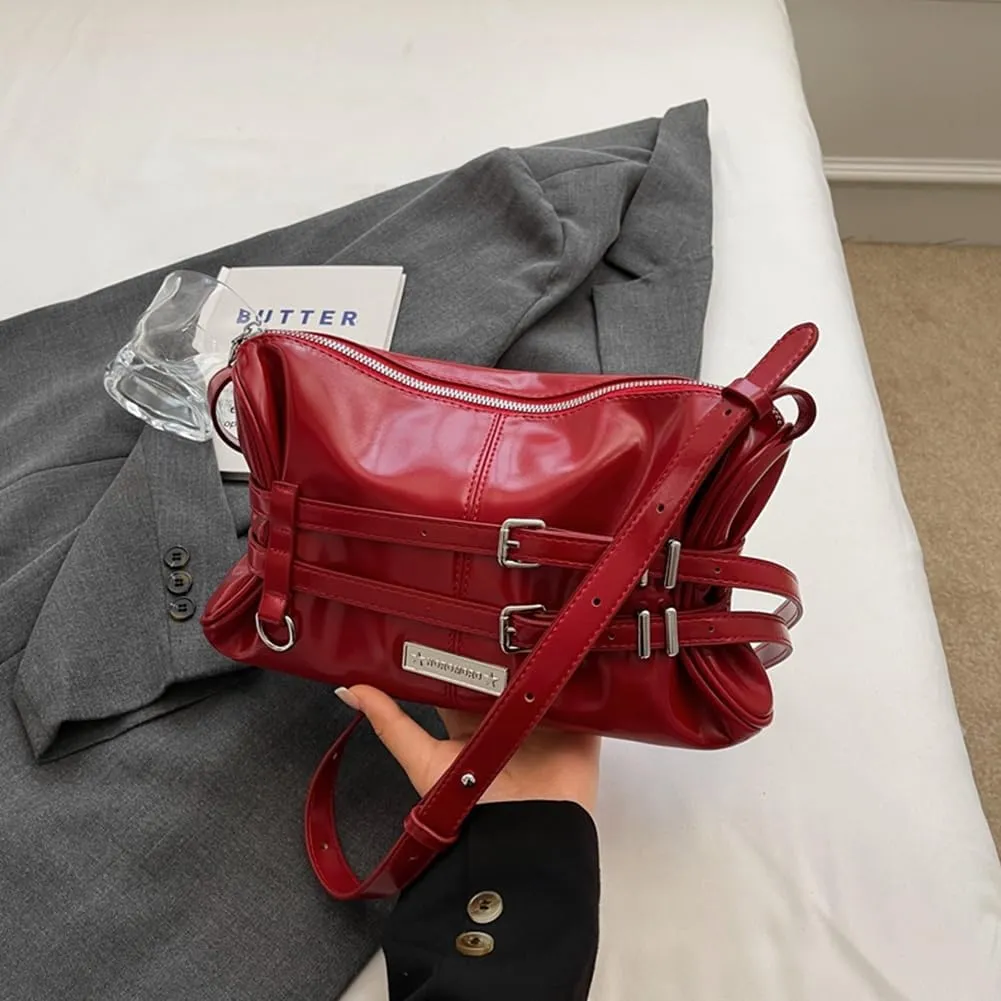 Women Crossbody Bag Double Belted Strap PU Leather Satchel Purse Solid Color Hobo Bag Zipper Clutch Purse Travel
