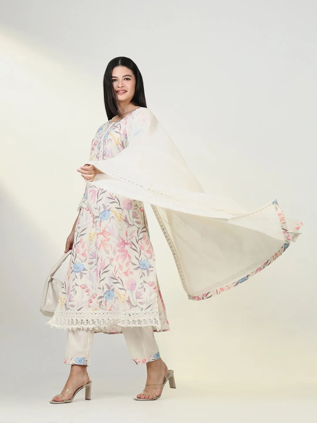 Women Ethnic Floral Cream Kurta Set with Dupatta