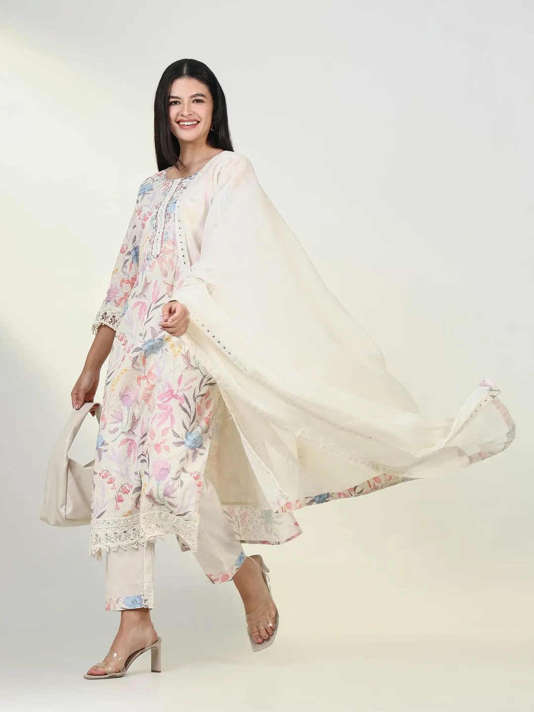 Women Ethnic Floral Cream Kurta Set with Dupatta