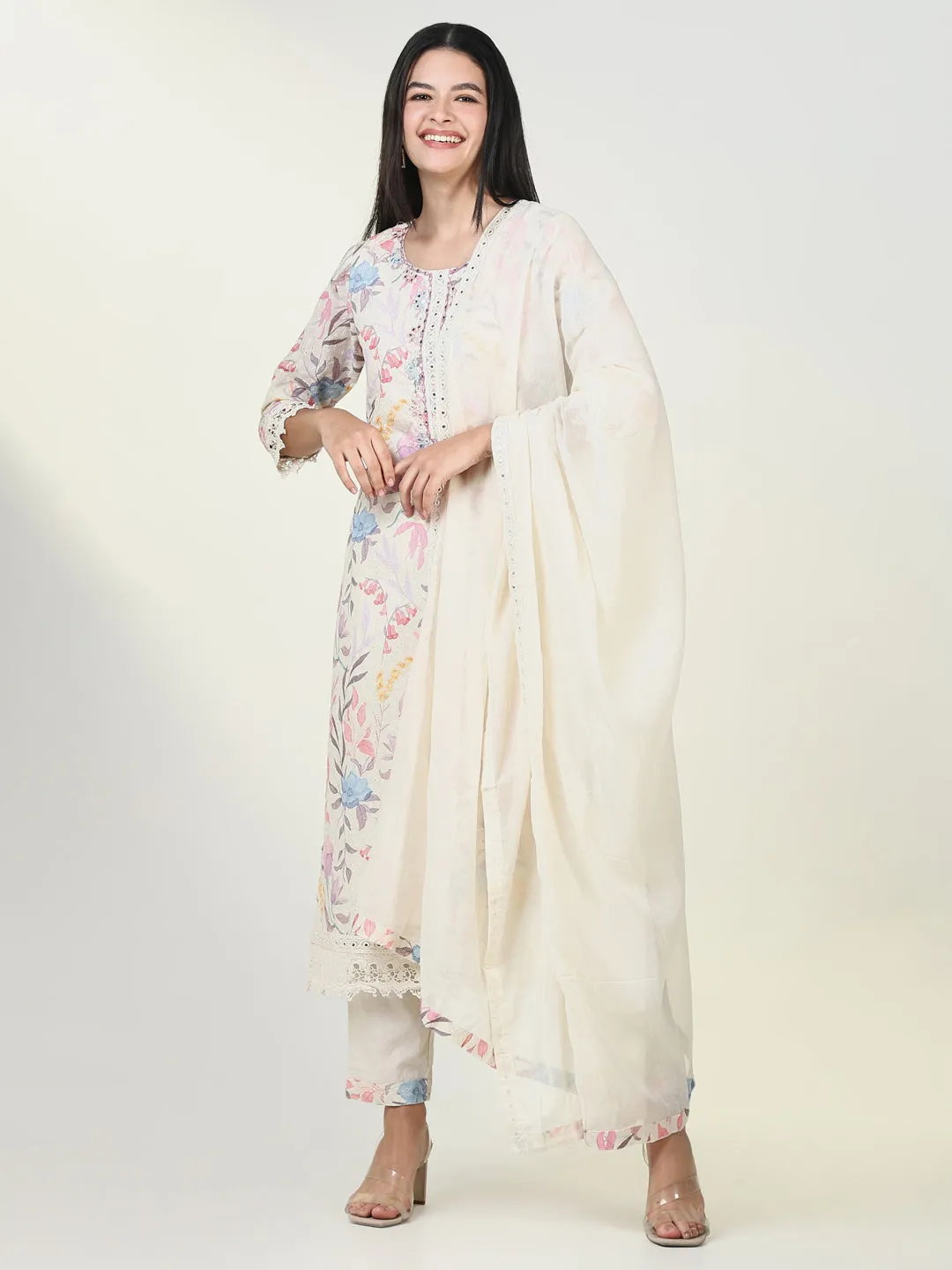 Women Ethnic Floral Cream Kurta Set with Dupatta